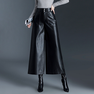 高腰显瘦宽松小个子休闲裤 秋冬新款 女皮裤 加绒加厚九分A字阔腿裤