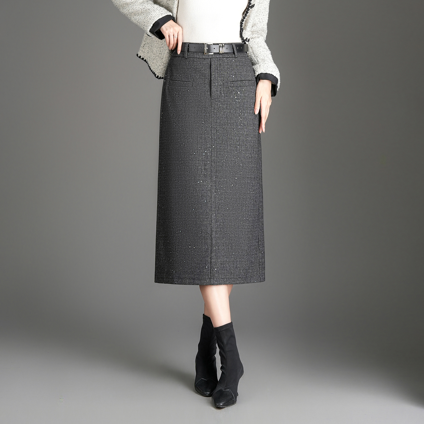 灰色撒银直筒半身裙女2025秋冬新款高腰显瘦亮片垂感一步裙长裙子
