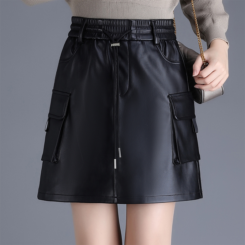 松紧腰口袋工装裙皮短裙