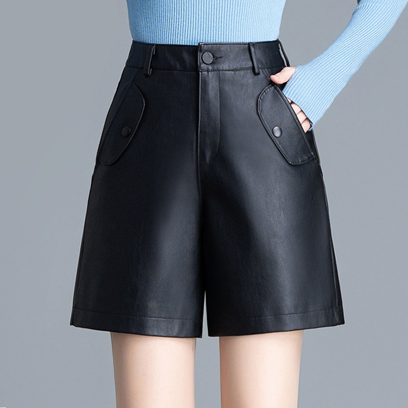 高腰休闲皮短裤女四分裤秋冬2025新款显瘦直筒裤阔腿靴裤外穿皮裤