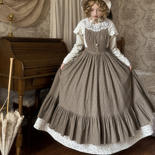 查林十字街复古vintage小妇人电影感春秋纯棉修身连衣裙女