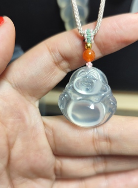天然高冰荧光白玉髓佛公吊坠马料精美玛瑙玉石弥勒佛挂件送朋友