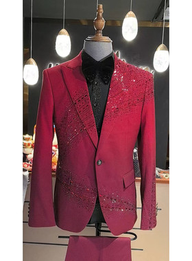 男高端大气红色渐变手工订珠年会主持人西装礼服歌手指挥艺考西服