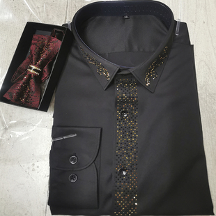 宴会艺考播音主持人衬衣大合唱表演服 晚礼服衬衫 男士 免烫镶钻长袖