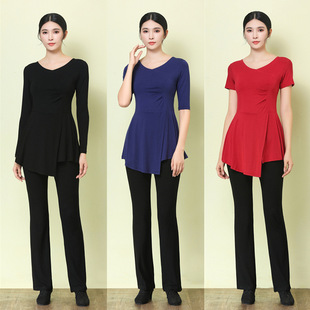 现代舞练功服形体舞蹈遮肚长袖上衣莫代尔跳舞礼仪训练服微喇叭裤