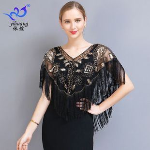短款流苏小披肩欧美复古舞会亮片披风1920S宴会旗袍礼服坎肩斗篷