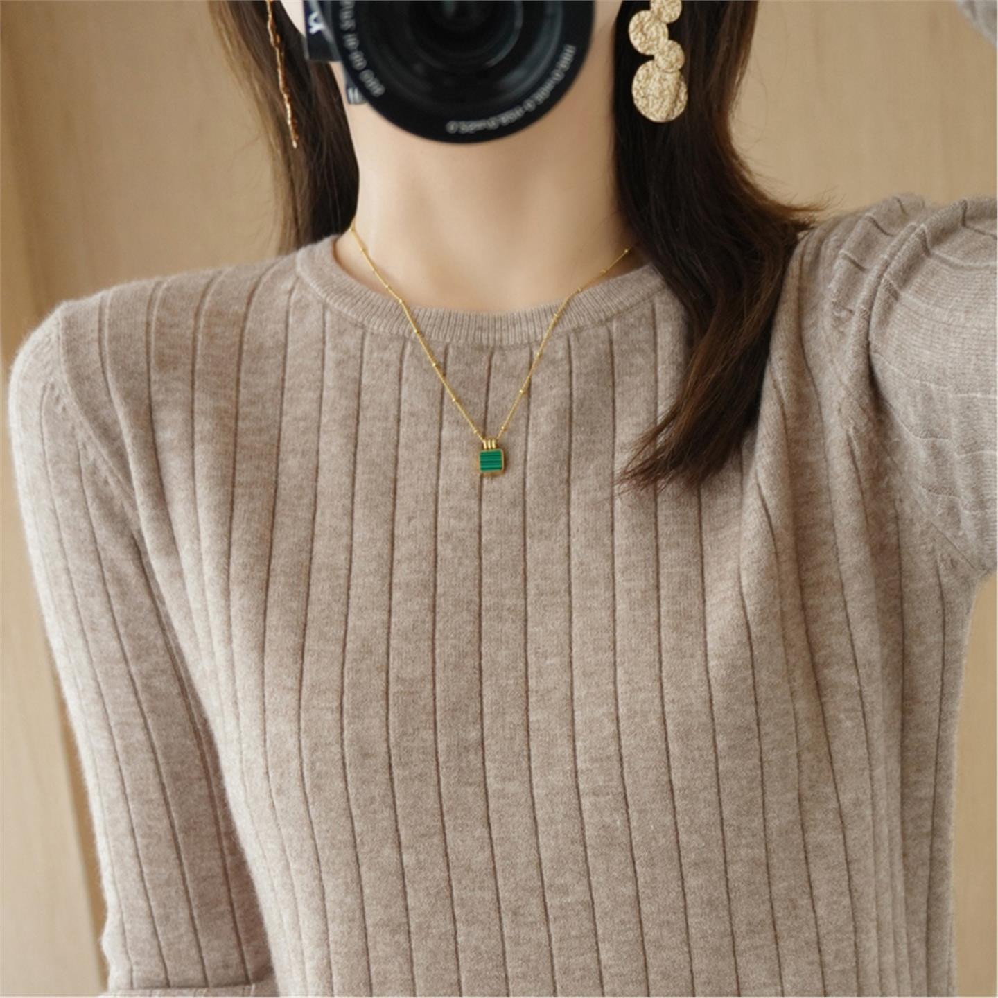 高级春秋新款低圆领打底衫女长袖修身短款毛衣女内搭洋气针织衫