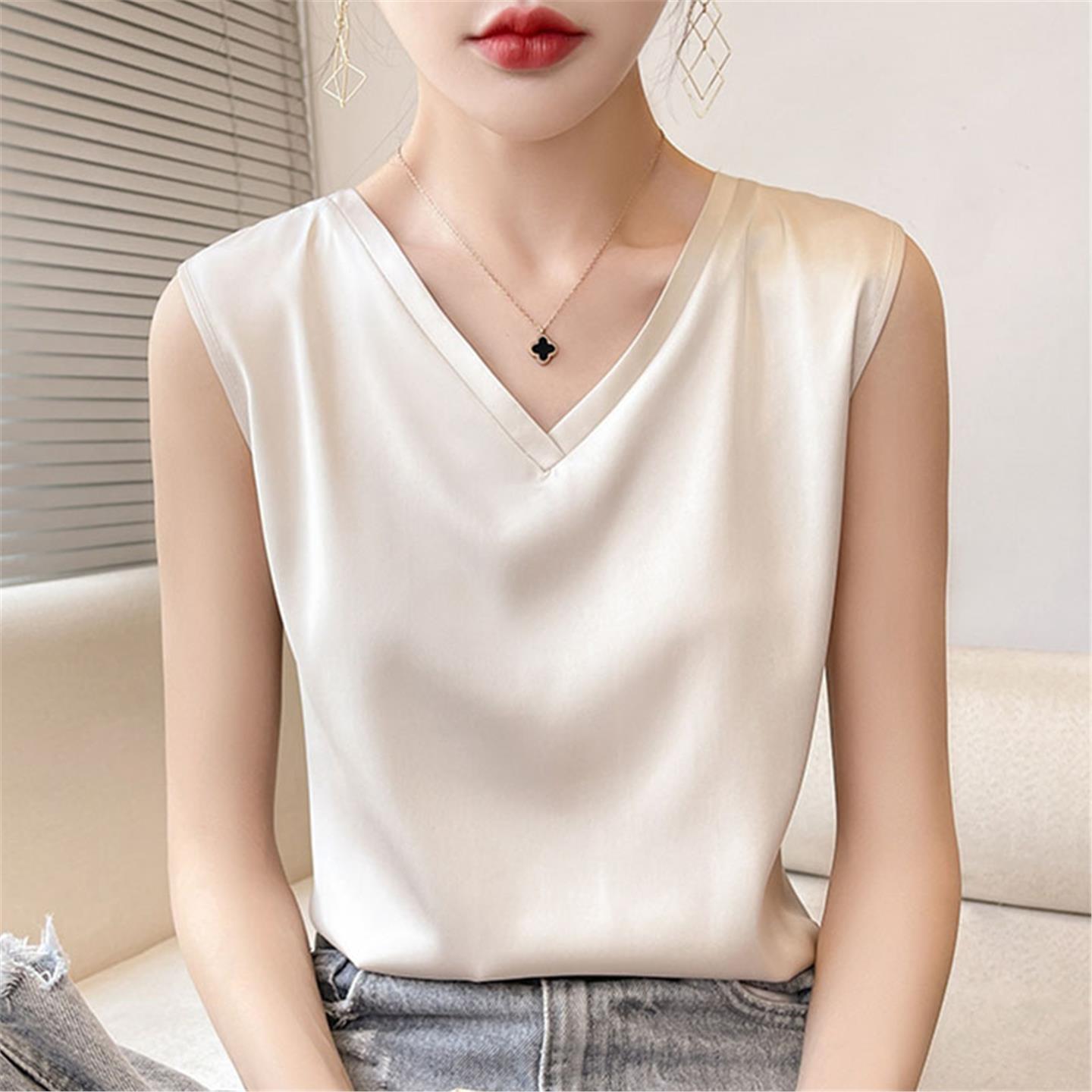 夏季法式绸缎吊带背心女V领宽松无袖冰丝绸缎内搭外穿宽肩带打底