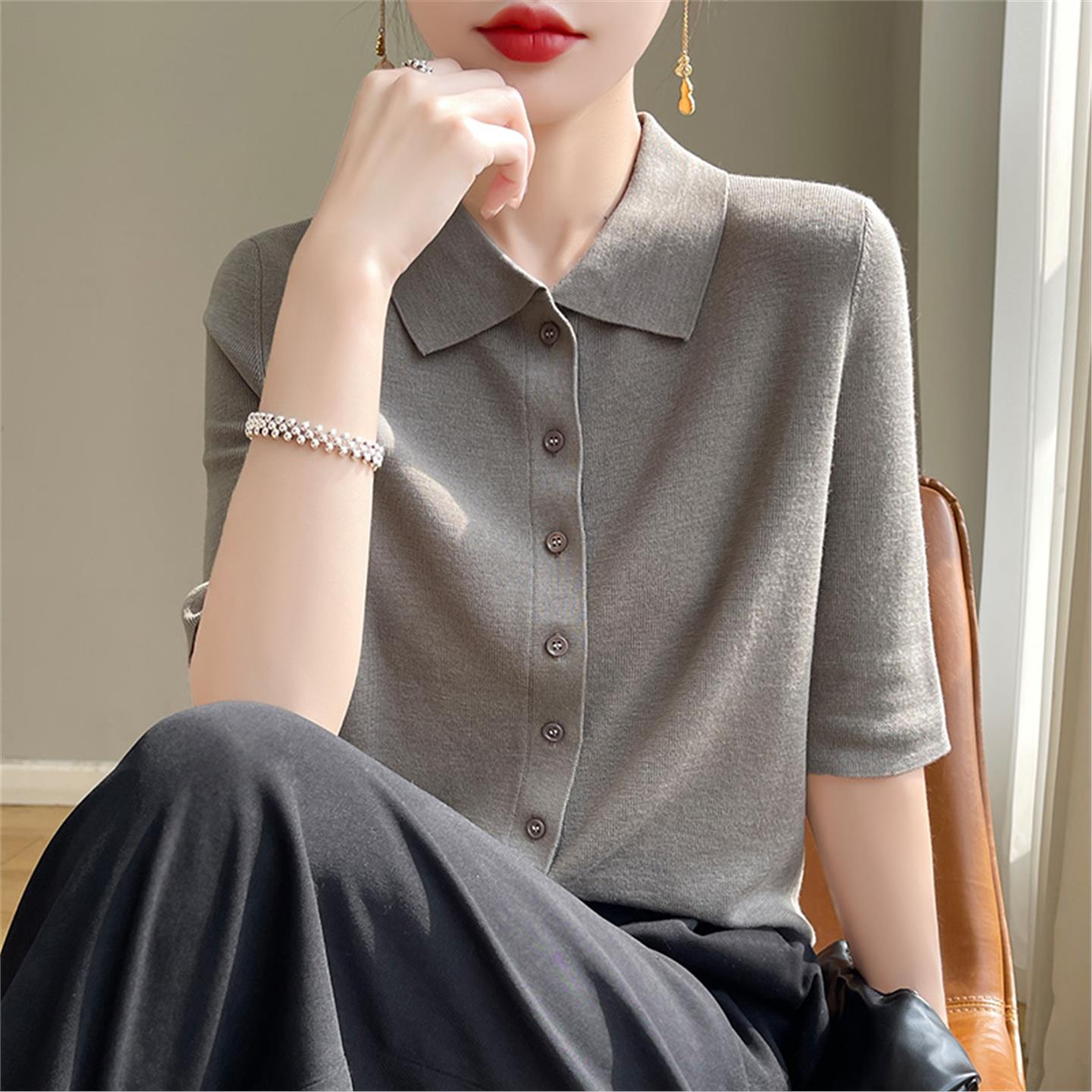 设计感POLO领领中袖上衣T恤女2025薄精纺细线针织短袖t恤翻领开衫