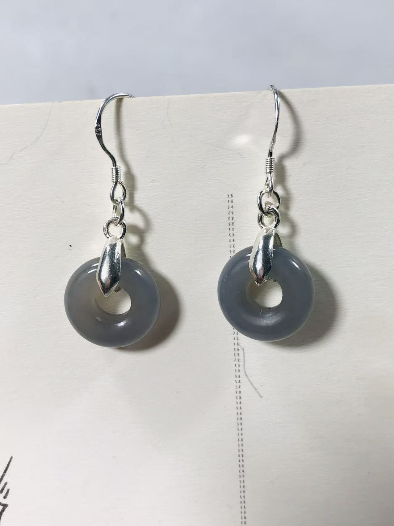 和田玉烟紫玉耳坠耳环耳饰925银镶嵌14*4mm玉环耳坠