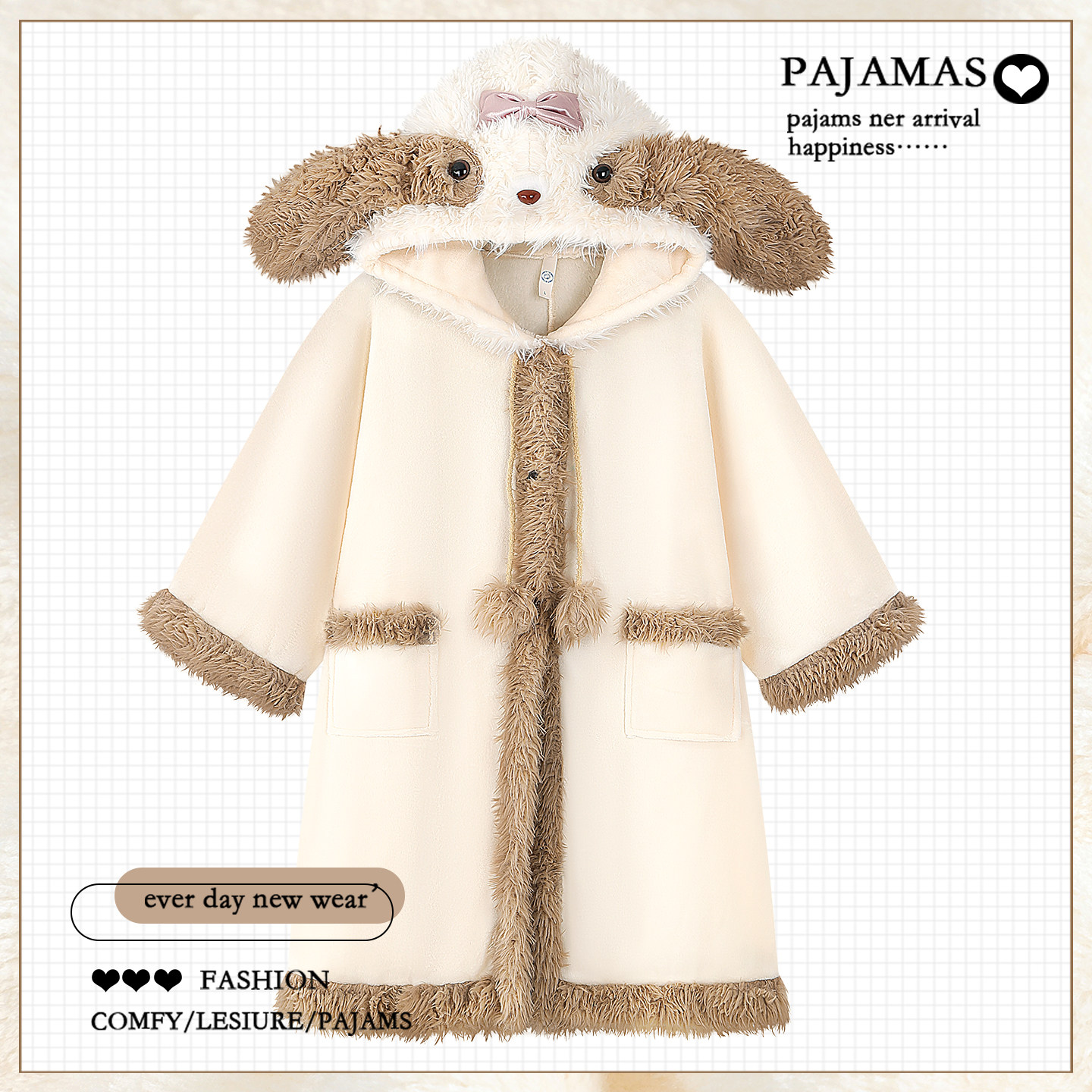 冬季睡袍女2025新款卡通珊瑚绒睡衣加厚保暖中长款连帽家居服冬天