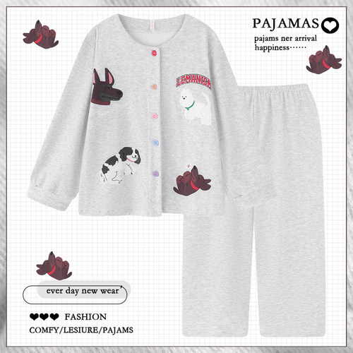 卡通狗狗薄绒睡衣女款秋冬季加厚保暖蚕丝羊绒学生家居服套装冬天