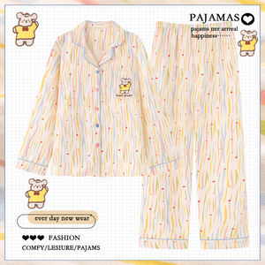 卡通条纹长袖睡衣女款春秋云朵棉双层纱布甜美家居服套装2025新款