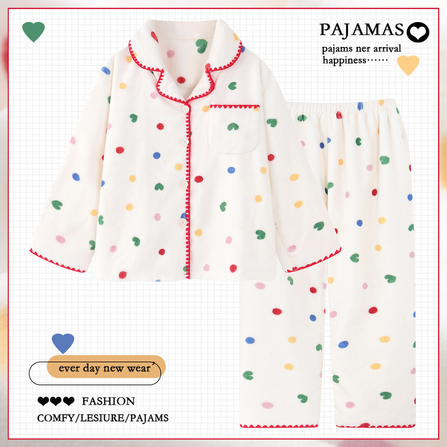 甜美爱心波点珊瑚绒睡衣女款秋冬季加绒加厚保暖法兰绒家居服冬天