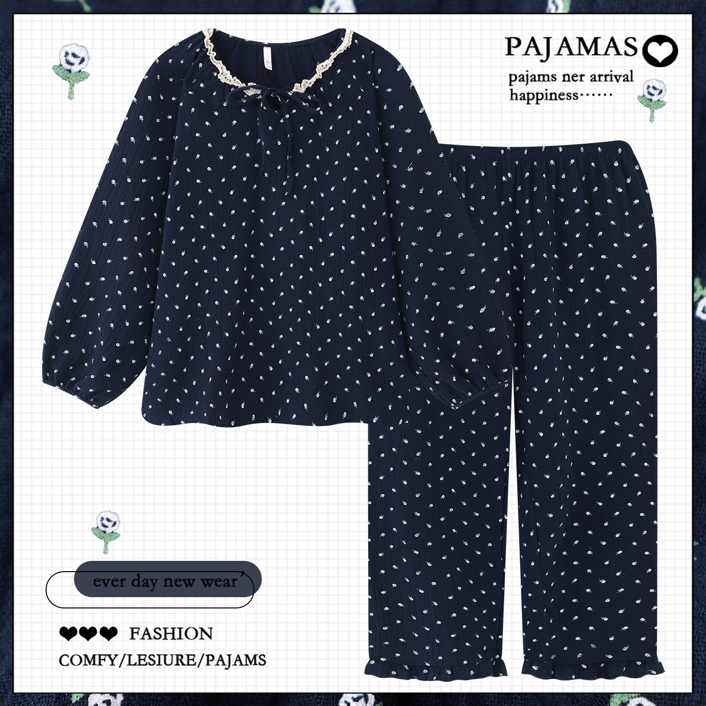 日系ins风碎花纯棉睡衣女春秋季长袖双层纱布婴儿棉家居服可外穿