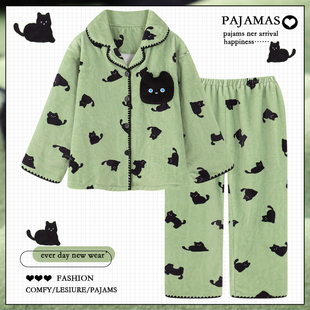 韩版 加厚保暖卡通法兰绒家居服冬天 网红小黑猫珊瑚绒睡衣女秋冬季