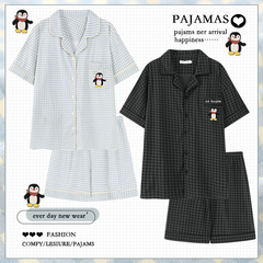 2025新款卡通格子纯棉睡衣情侣装一男一女夏季薄款短袖家居服套装