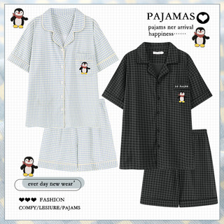 2025新款卡通格子纯棉睡衣情侣装一男一女夏季薄款短袖家居服套装