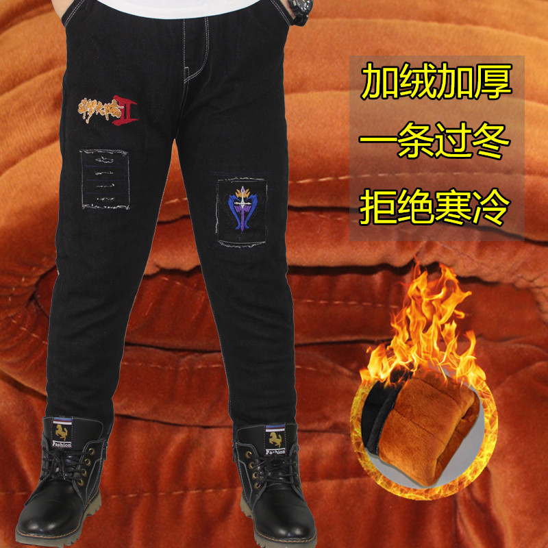 男童牛仔裤加绒棉一体三层棉裤子