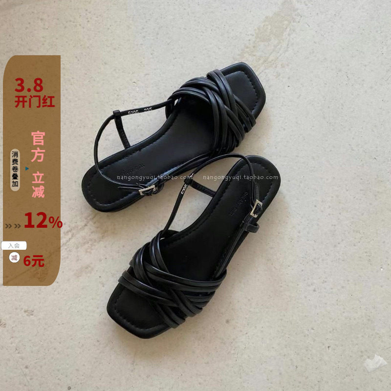 韩国东大门女鞋25夏新款ins复古简约编织细带露趾一字带平底凉鞋