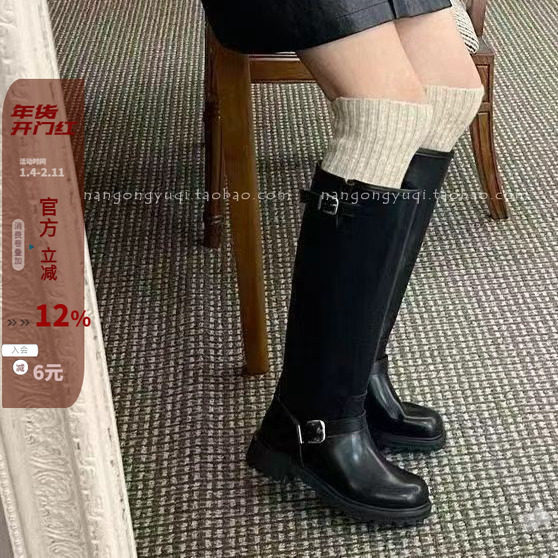 韩国东大门女鞋25秋新款ins英伦休闲皮带扣低跟加绒高筒靴骑士靴,女鞋,骑士靴,淘宝优惠券,粉丝福利购,淘宝优惠卷