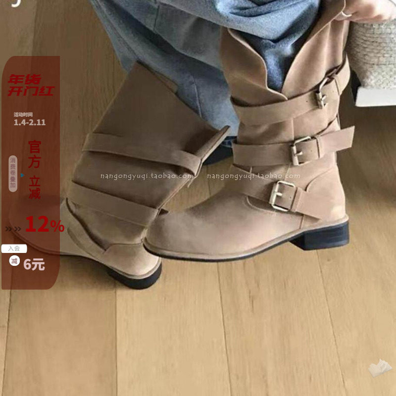 现韩国东大门女鞋2024秋新款复古西部靴慵懒风皮带扣鹿皮绒中筒靴,女鞋,西部靴,淘宝优惠券,粉丝福利购,淘宝优惠卷