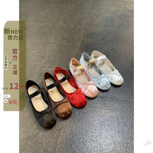 现 韩国东大门2023早春chic复古减龄玛丽珍绸缎蝴蝶结圆头平底鞋