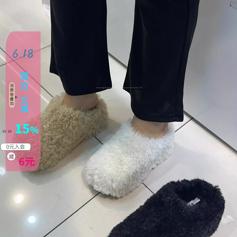 现货韩国东大门女鞋冬新款chic休闲羔羊毛毛厚底穆勒拖包头拖棉拖