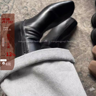 现韩国东大门代购24秋新款ins法式简约斜切方头侧拉链平底瘦瘦靴