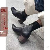 22秋冬新款 现 韩国东大门代购 ins方头马蹄方跟套筒弹力瘦瘦靴短靴