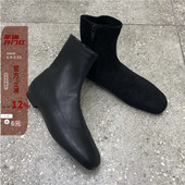 现韩国东大门女鞋 22秋新韩版 简约百搭方头绒面侧拉链平底瘦瘦短靴