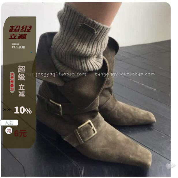 高级感方头鹿皮绒皮带扣两穿短靴