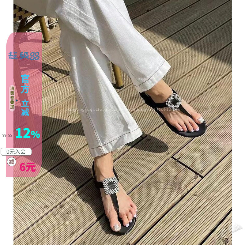 简约绸缎蝴蝶结烫钻夹趾平底凉鞋
