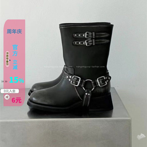 作旧圆头皮带扣低跟短靴骑士靴