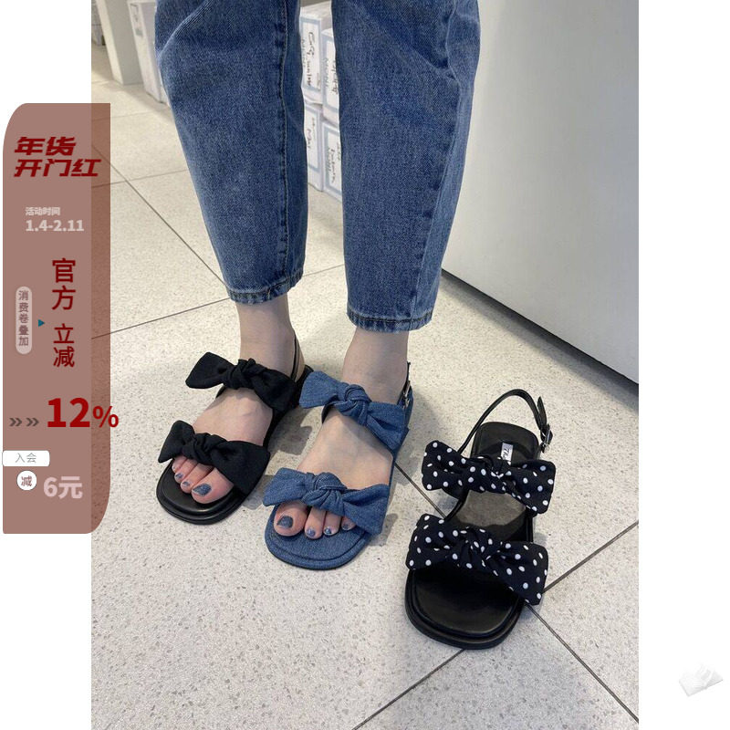 现韩国东大门女鞋23夏chic甜美公主蝴蝶结牛仔布波点平底露趾凉鞋,女鞋,时装凉鞋,淘宝优惠券,粉丝福利购,淘宝优惠卷