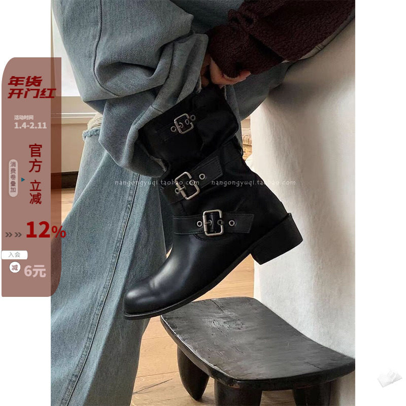 现韩国东大门代购24秋新款chic英伦休闲软面皮松弛感皮带扣中筒靴,女鞋,马丁靴,淘宝优惠券,粉丝福利购,淘宝优惠卷