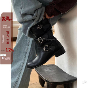 现韩国东大门代购24秋新款chic英伦休闲软面皮松弛感皮带扣中筒靴