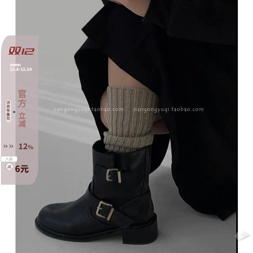 皮带扣圆头宽松套筒西部靴