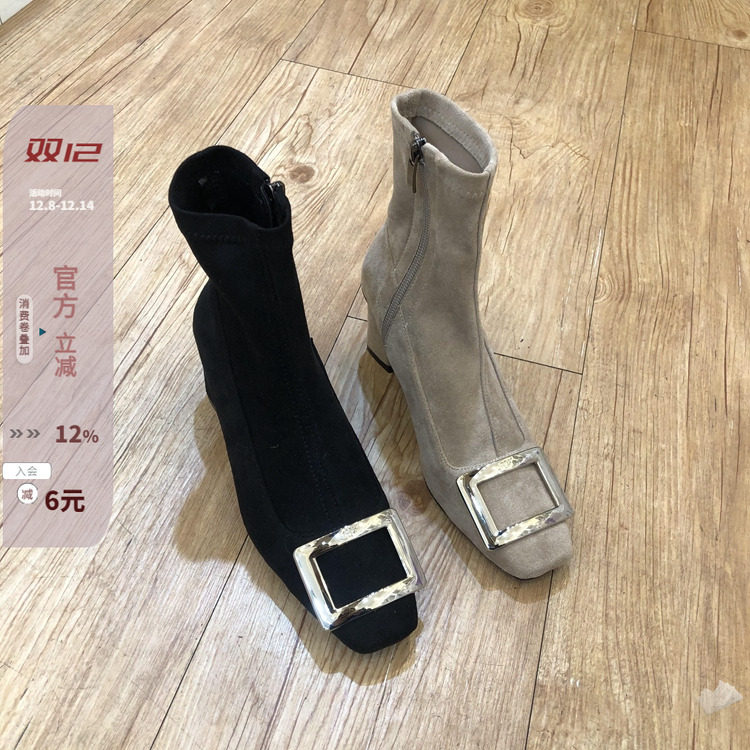现韩国女鞋22秋欧美气质金属方扣绒面显瘦拼接侧拉链方跟弹力短靴