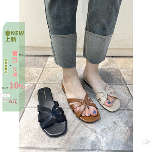 现韩国东大门女鞋2023夏新款chic休闲编织镂空露趾纯色平底一字拖