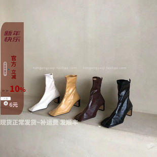 现韩国东大门女鞋22秋ins法式方头平头扁扁跟栗子棕色弹力瘦瘦靴