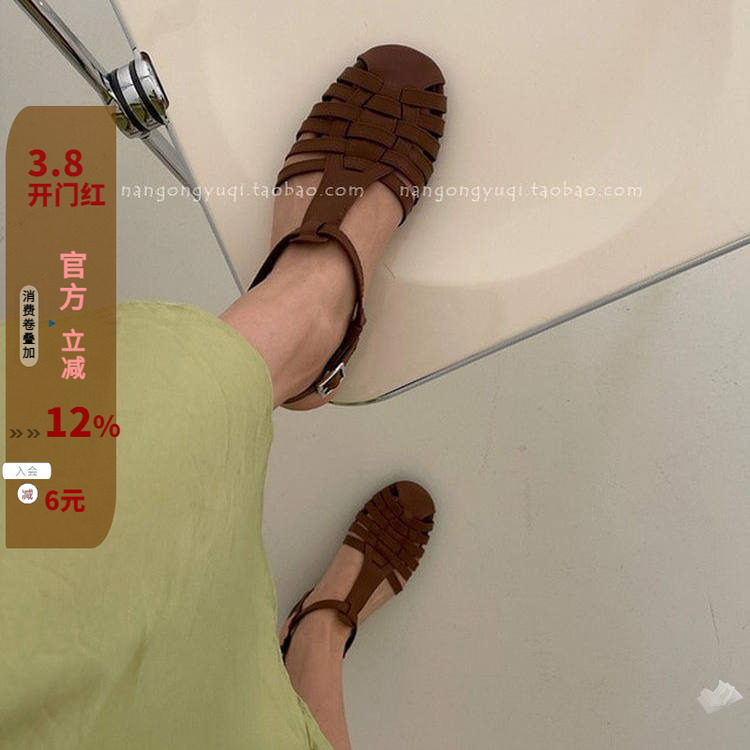 现韩国东大门女鞋2025夏新款复古编织镂空T型搭扣罗马凉鞋高级黑