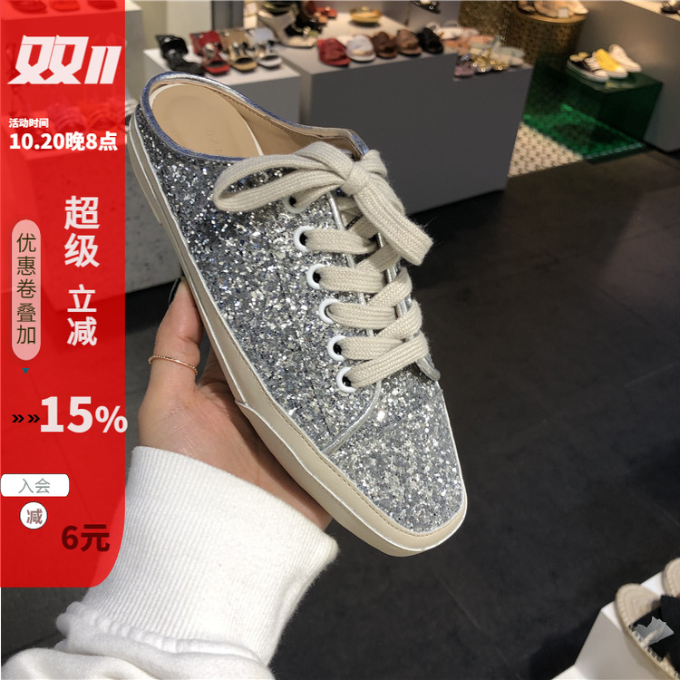 夏新女鞋时尚亮片方头系带平底
