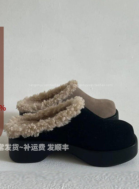 现 韩国东大门女鞋2023ins欧美范磨砂绒面羔羊毛厚底穆勒拖包头拖