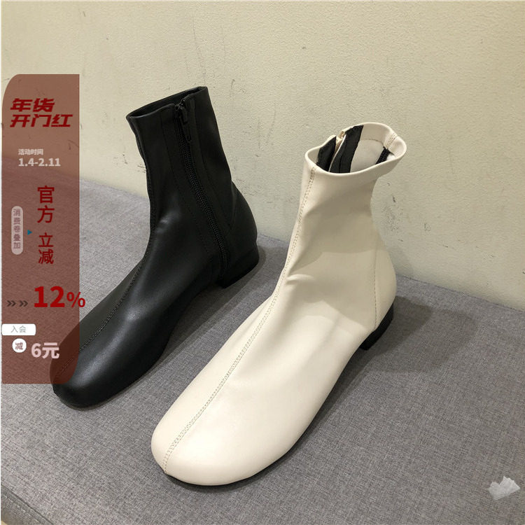 现韩国东大门女鞋24秋新品chic简约圆头低跟奶白软皮弹力时装短靴,女鞋,时装靴,淘宝优惠券,粉丝福利购,淘宝优惠卷