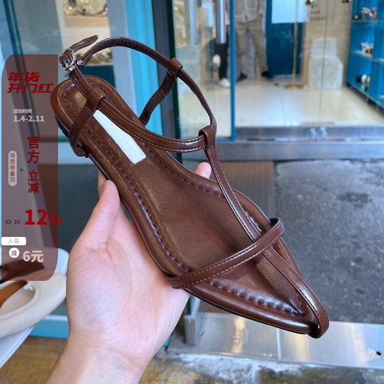 韩国　欧洲站东大门实拍22夏新款ins极简风十字细带尖头平底凉鞋,女鞋,时装凉鞋,淘宝优惠券,粉丝福利购,淘宝优惠卷