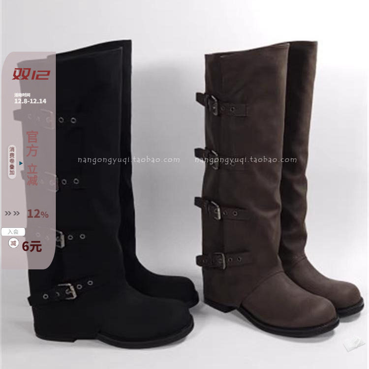 废土风皮带扣宽筒裤靴高筒靴