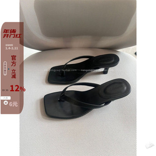 现韩国东大门女鞋2024夏新款ins法式方头夹趾细带猫跟纯色人字拖