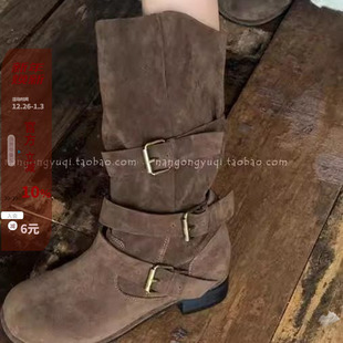 韩国女鞋 琪琪东大门2024秋chic复古辣妹街拍擦色皮带扣慵懒靴大筒