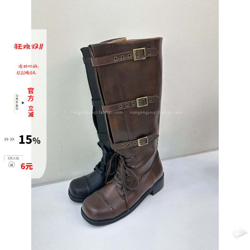 色皮带扣系带宽筒高筒靴